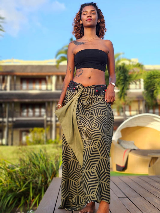 Nomad Boho Skirt - Reversible Olive Cotton